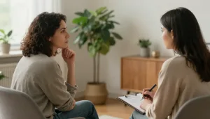Compassionate therapy session between a client and trauma psychologist in a warm, welcoming room — representing professional PTSD therapy in Adelaide Hills.