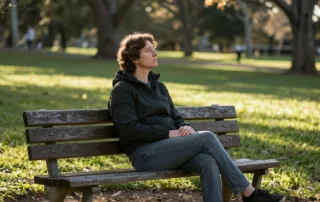 Woman sitting thoughtfully on a park bench in a sunny Adelaide park, reflecting the calm that comes with trauma recovery and PTSD therapy.