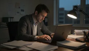 Professional working late in the office, showing signs of workplace stress and mental fatigue.