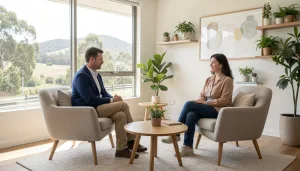 Workplace stress therapy session in a calm Adelaide Hills clinic