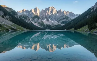 Peaceful alpine lake reflecting rugged mountain peaks, symbolising the calm and healing journey of EMDR therapy in Adelaide.