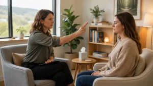 EMDR therapist guiding a client through eye movement therapy