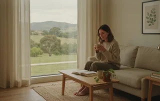 Woman relaxing at home while focusing on emotional wellbeing